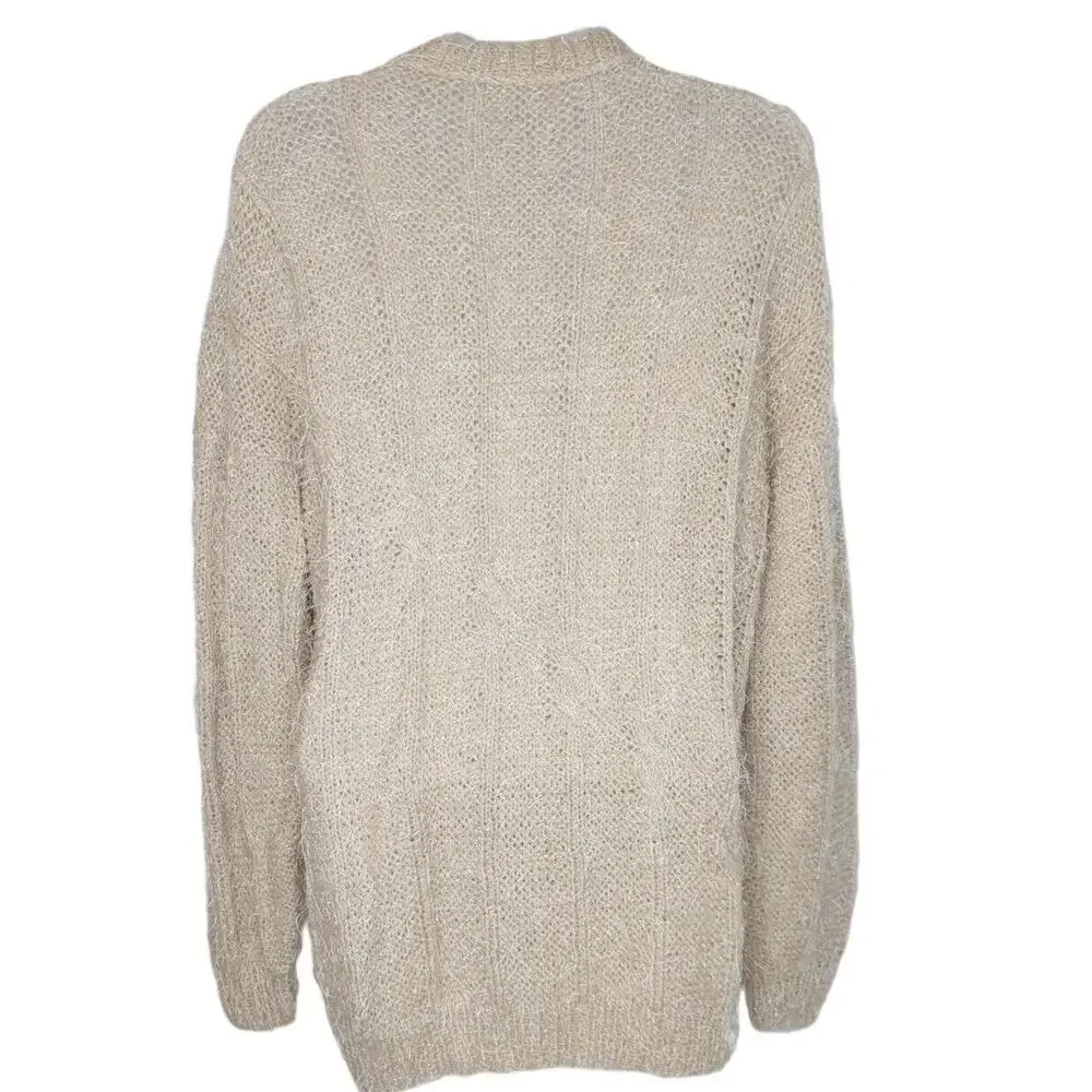 Women's M/L Hand Knit Handmade Pullover Sweater Beige Eyelash Cable‎ Mock Neck